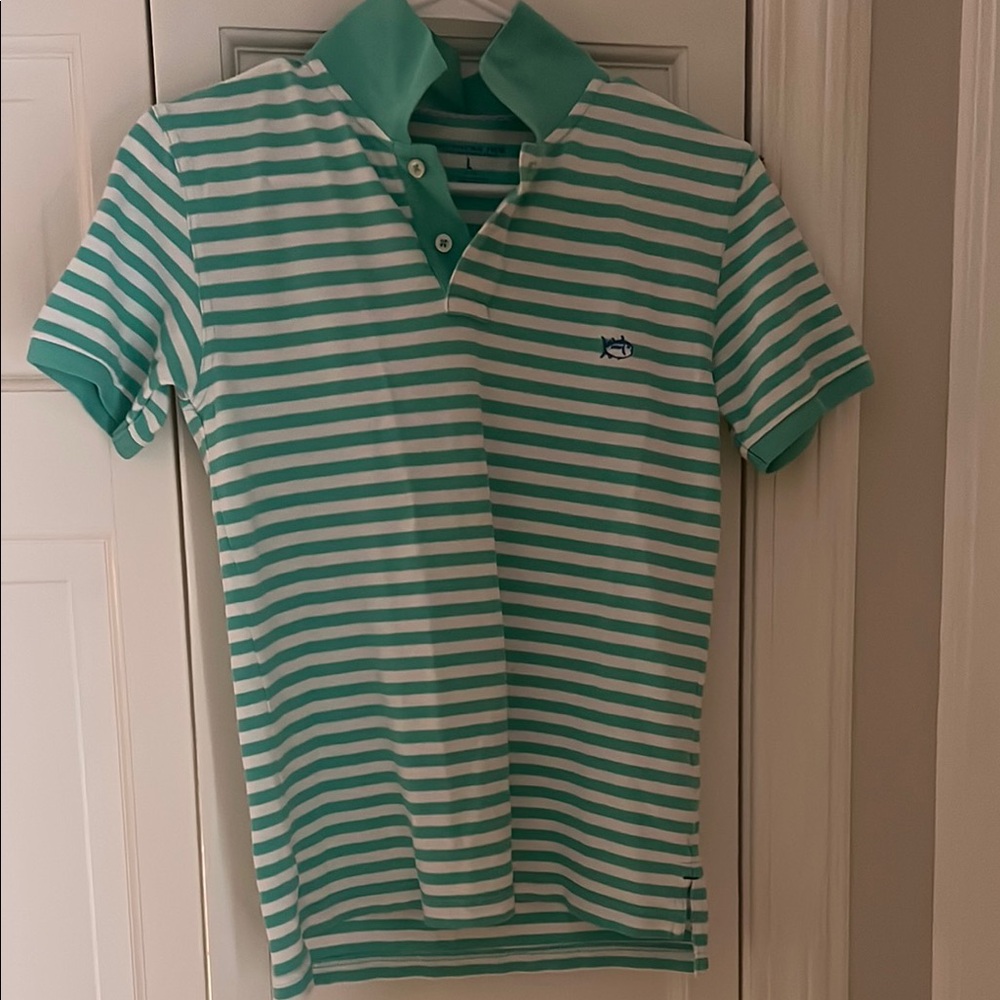 Southern Tide Green and White Striped Polo Shirt